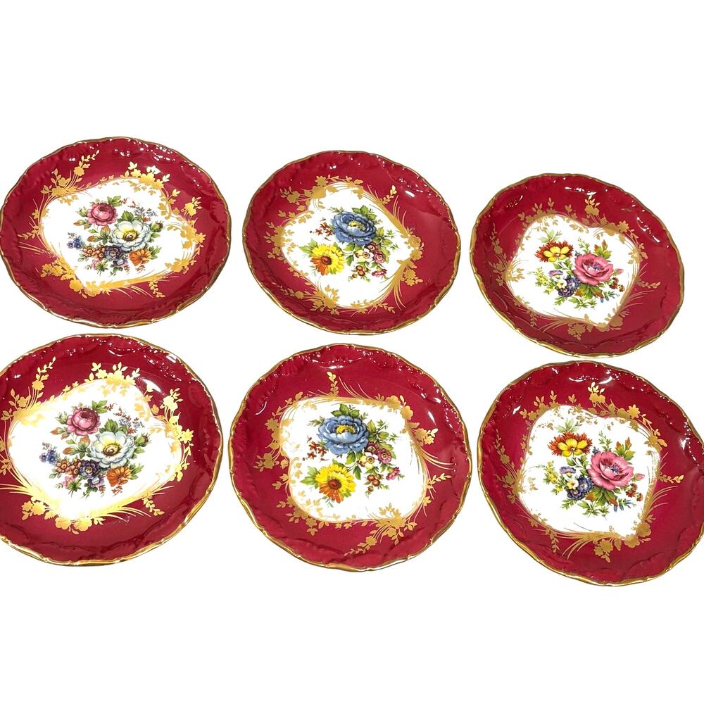 Limoges France plates (6) hand painted floral berry red & gold trim scallop rims